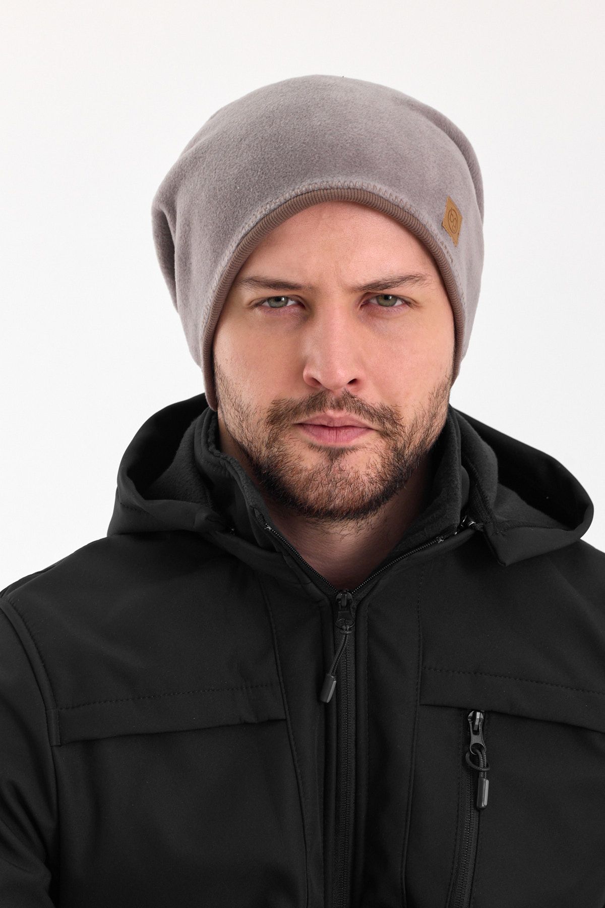 Butikgiz-Men's Gray Fleece Outer, Brown Cotton Inside, Double Color Double Layer Foldable Soft Beanie 3