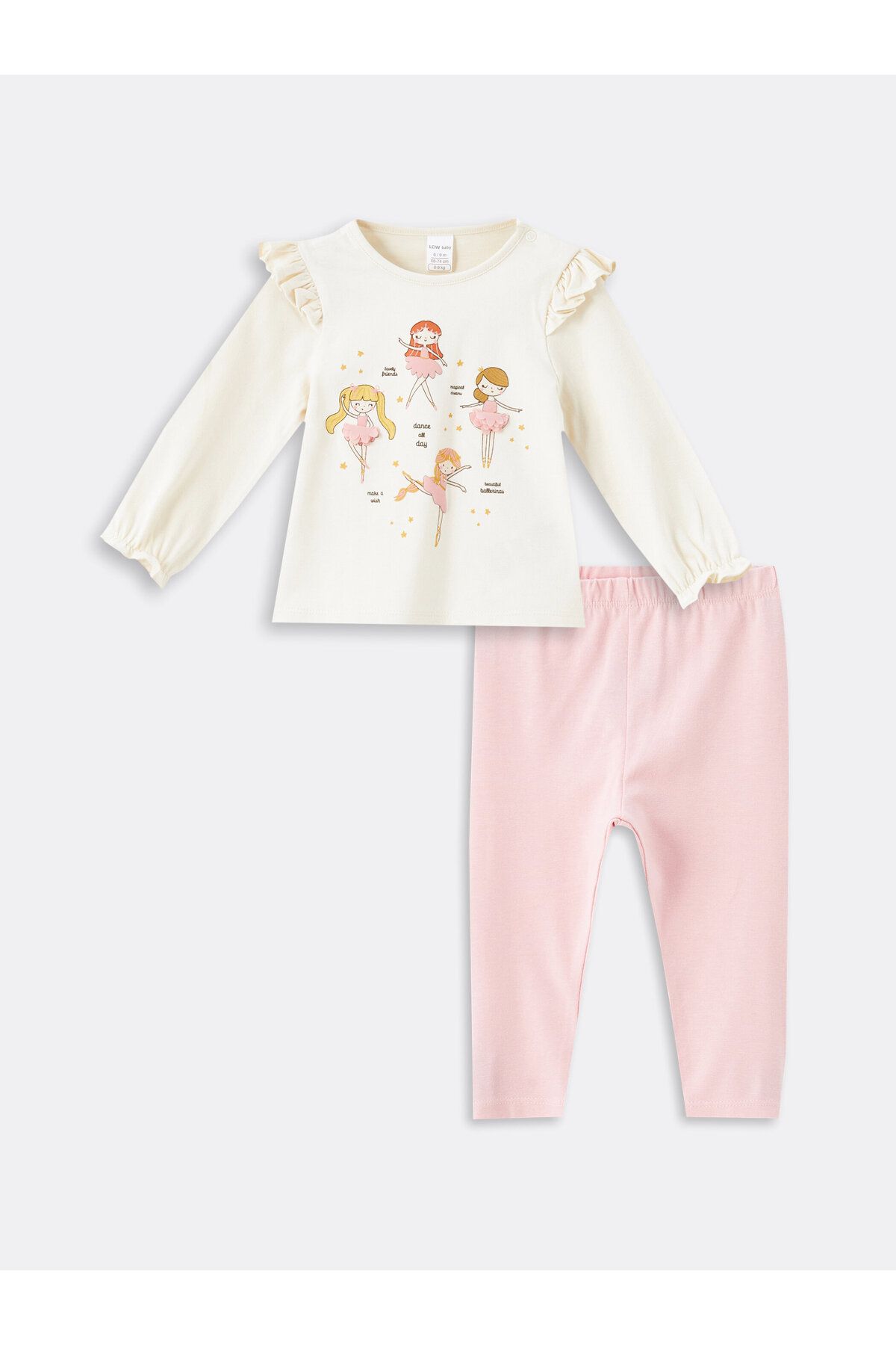 LC Waikiki Bluzka I Legginsy Dla Dziewczynki Z Okrągłym Dekoltem I Nadrukiem, 2-częściowy Zestaw Kobieta - 6–9 months