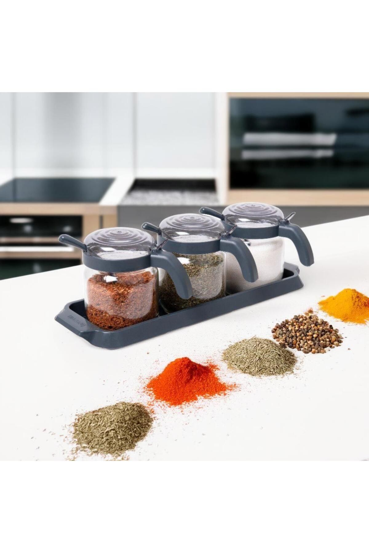 ظرف روغن خاکستری جدول 3x425 سی با مجموعه قاشق غذاخوری ادویه جات ترشی Herevin