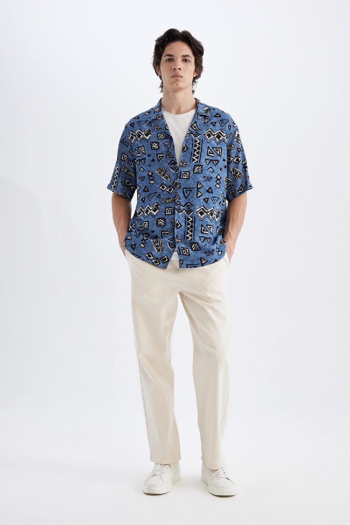 DeFacto-Viscose Patterned Apache Collar Regular Fit Short Sleeve Shirt - C7688Ax24Sm 2