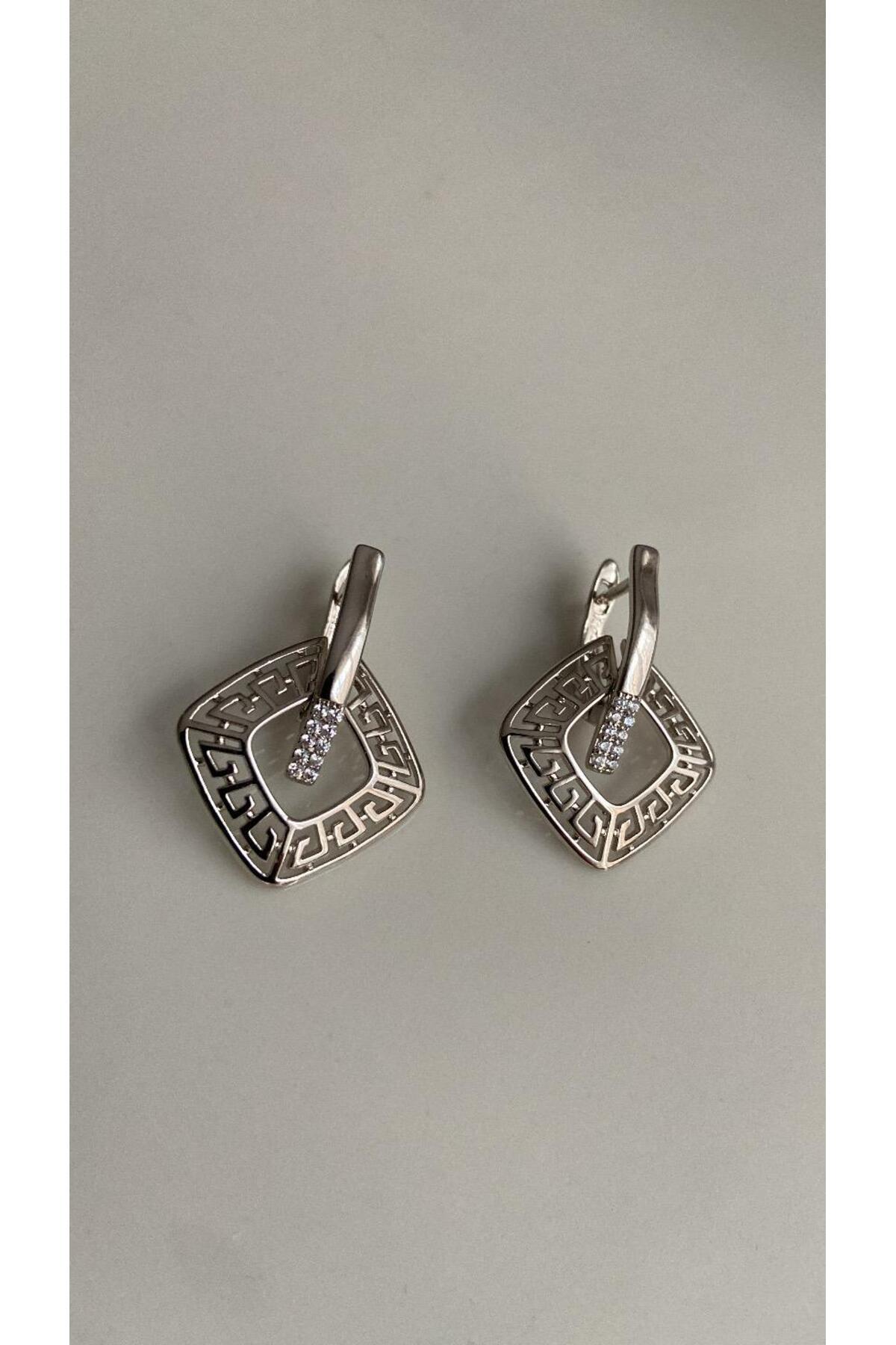 zec aksesuar-Square Shape Self Patterned Stylish Silver Color Earring 1