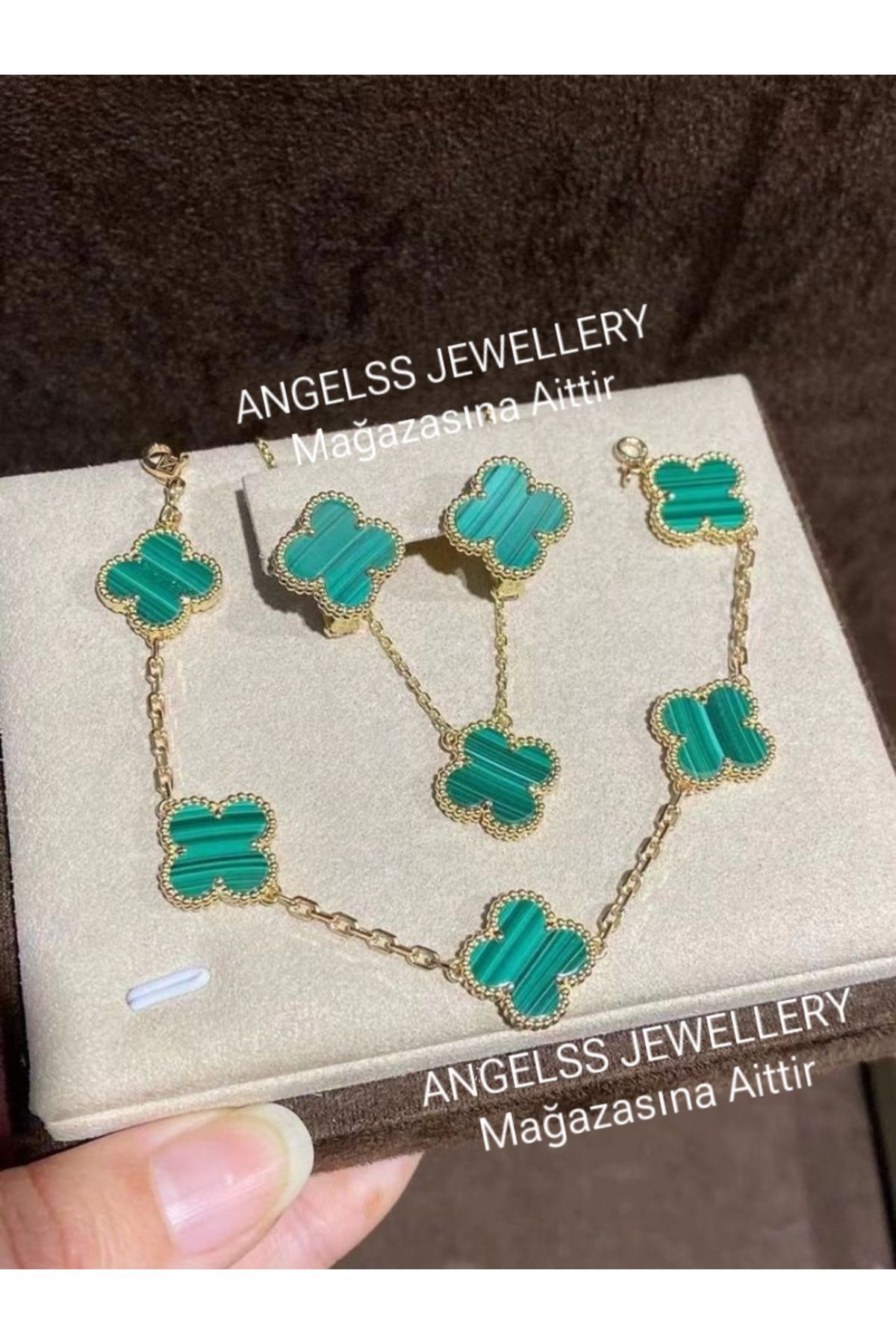 ANGELSS JEWELLERY Yeşil Gold Kolye Bileklik Küpe Seti (Yonca Model Yeşil Gold Kolye Bileklik Küpe Set)