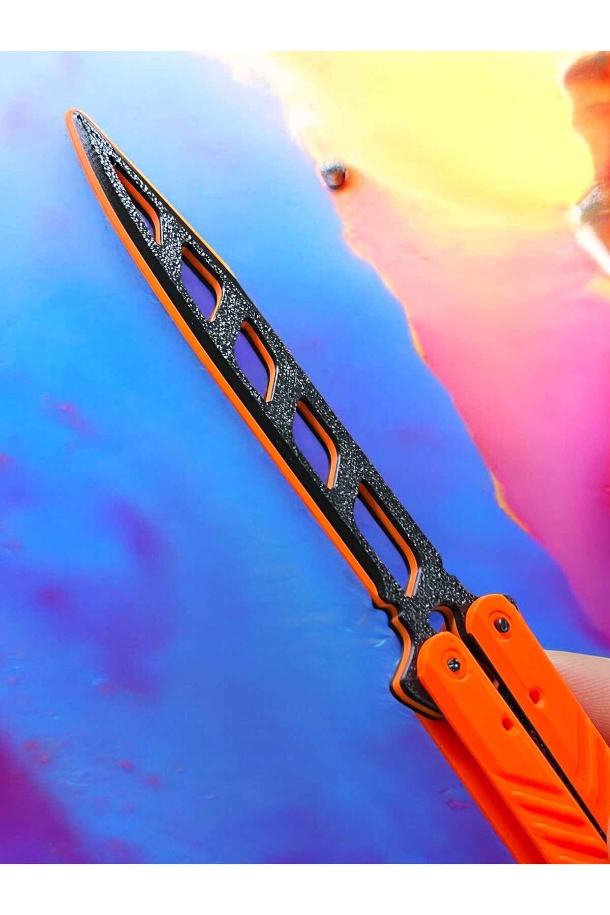 Dummy13-Black Butterfly Patterned Orange Butterfly Knife - Plastic Training Knife 5