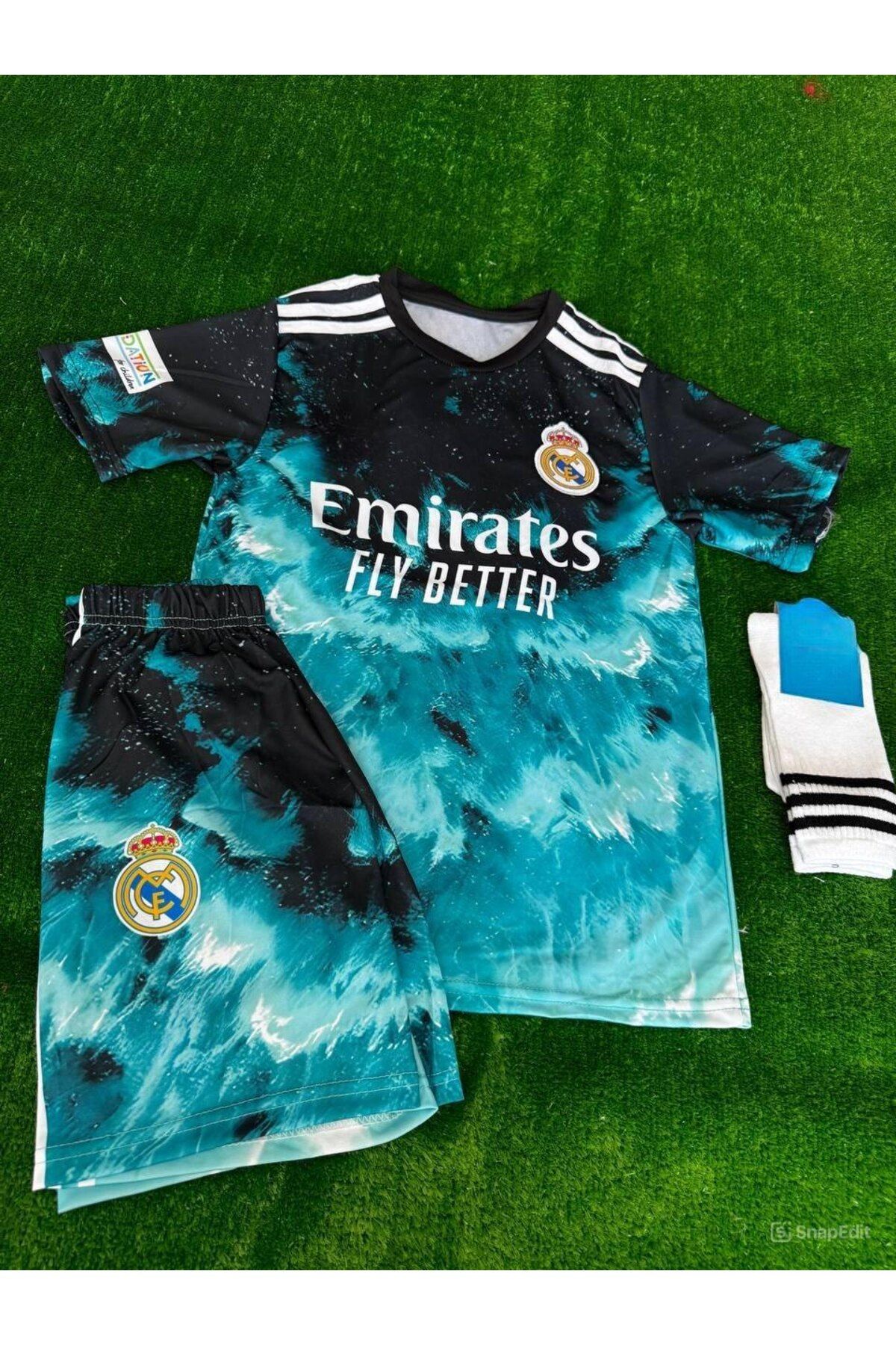 kombinezyum-Cristiano Ronaldo Cr7 Blue Wavy 3-Piece Team - Custom Design Kids Football Shirt 3