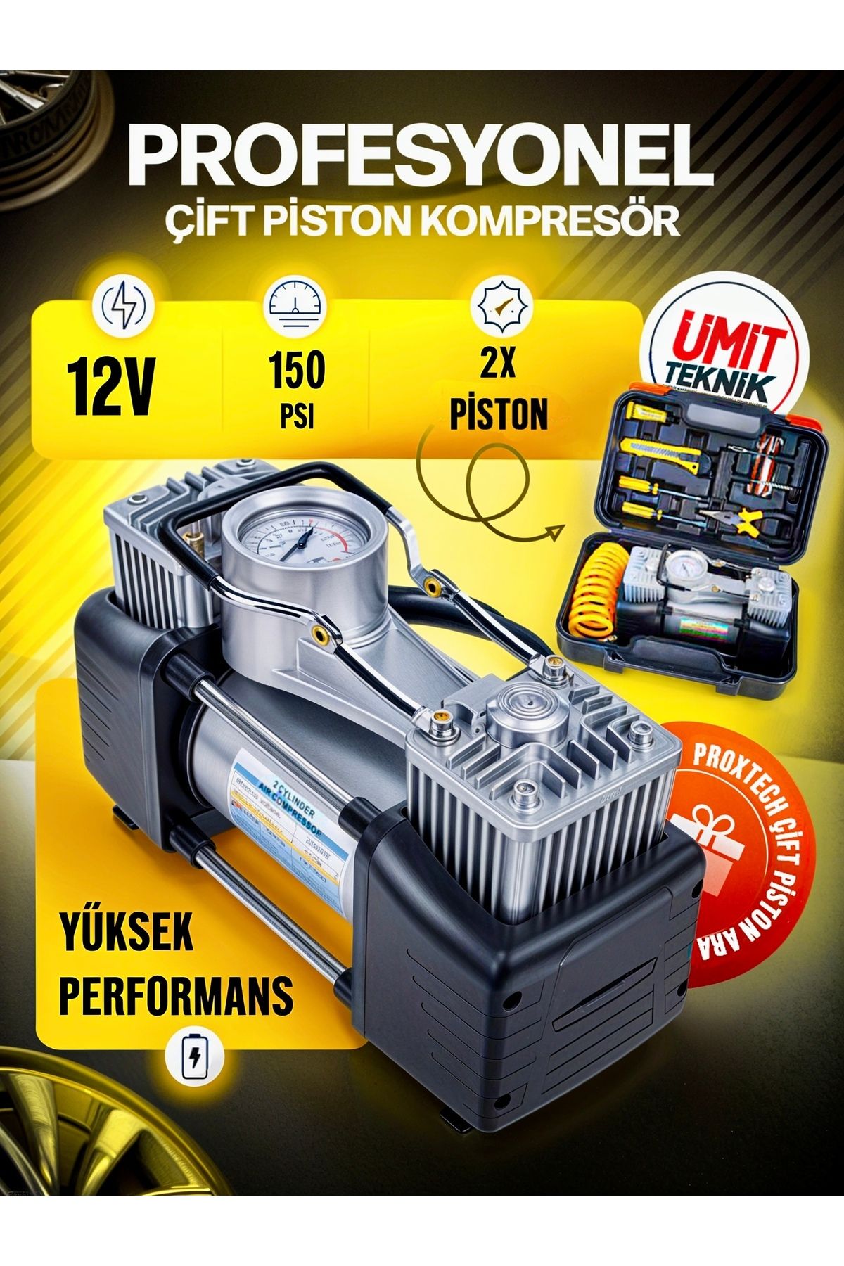 PROXTECH Yeni Nesil Turbo  Motor Çift Pistonlu 12V 150 Psi  Araç Laastik Bot Şişirme Kompresörü Pense Set