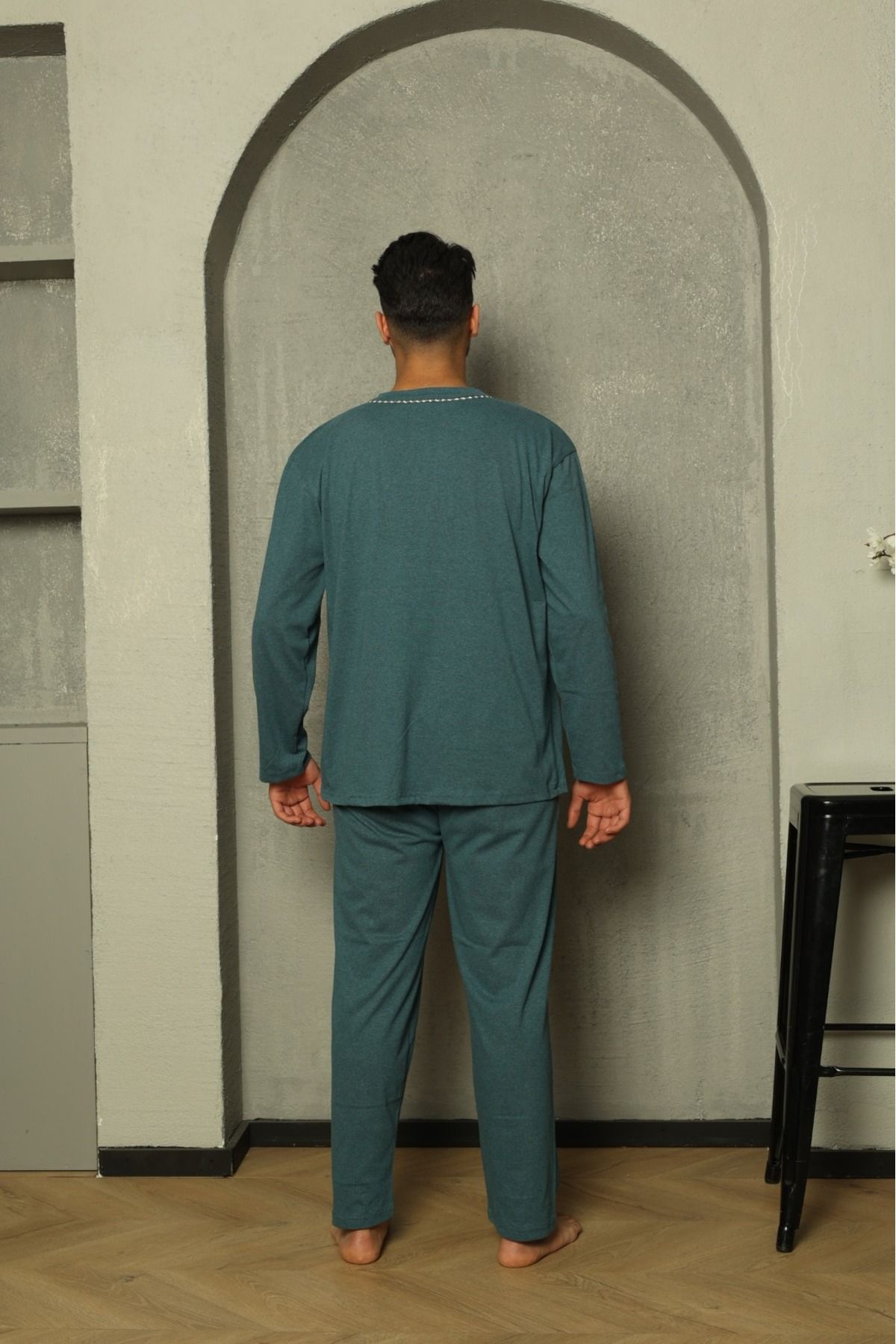 Huq Moda-Pánská sada pyžama Sude Poplin Petrol Green s dlouhým rukávem a knoflíkem z česané bavlny 3