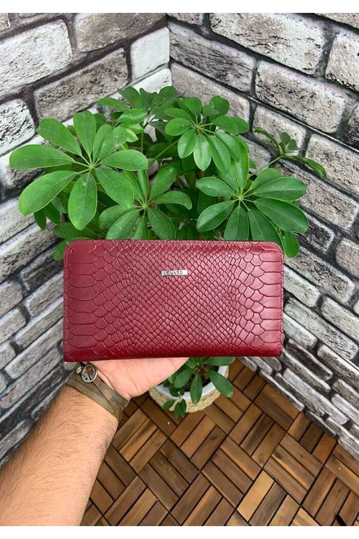 DERİJE Hakiki Deri Kadın Bordo Kroko Cüzdan & El Çantası (T838)