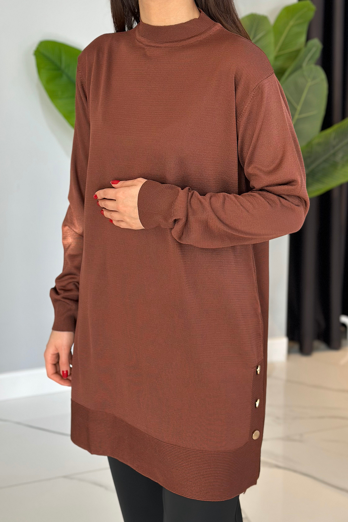 REMSA Düğme Detay Triko Tunik 34120 Kahverengi