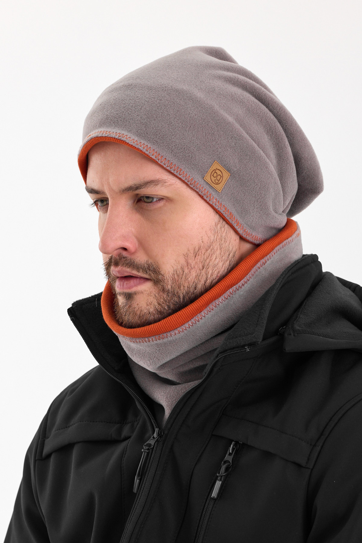 Butikgiz Erkek Gri Polar Dış, Kiremit Pamuklu İç Kısım Çift Renk Çift Katman Katlanabilir Bere Boyunluk Takım görsel 3