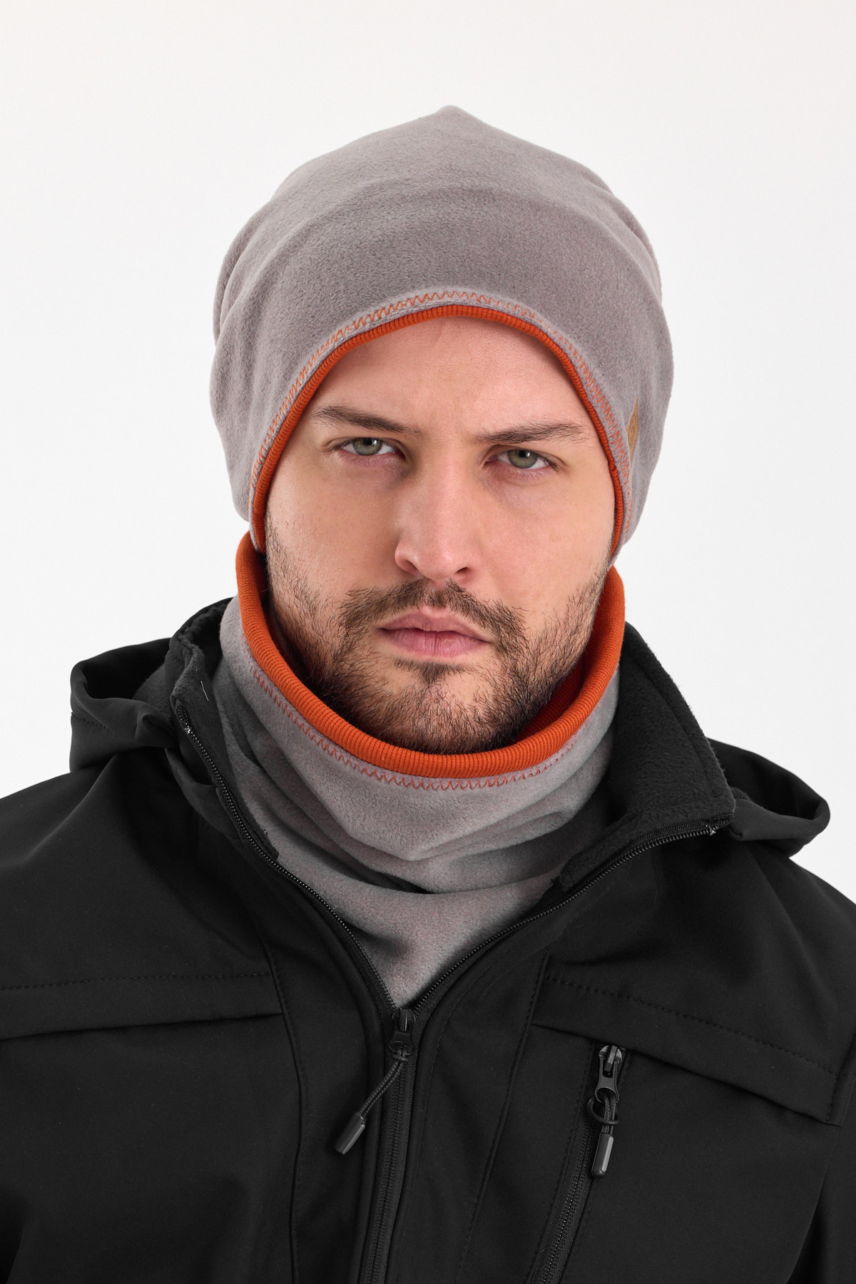 Butikgiz Erkek Gri Polar Dış, Kiremit Pamuklu İç Kısım Çift Renk Çift Katman Katlanabilir Bere Boyunluk Takım görsel 5