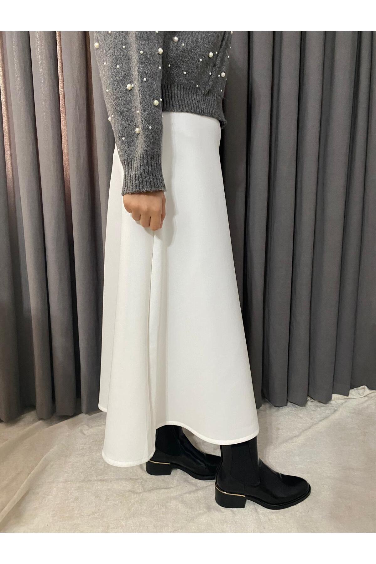 Genel Markalar  Kadın Beyaz Scuba Puf Kumaş Kloş Tesettür Ve Günlük Etek Boy:94-95cm (KEMERİ LASTİKLİDİR) - Görsel 2