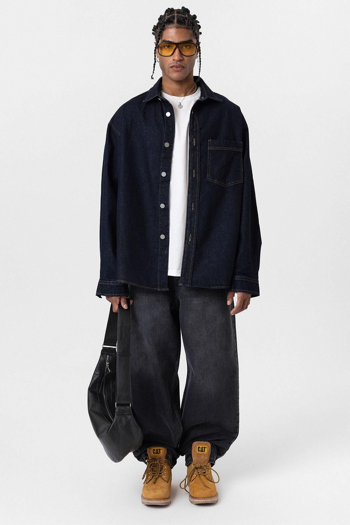 VAMOSCLO-Oversize Denim Jacket with Pocket Detail Dark Blue 6