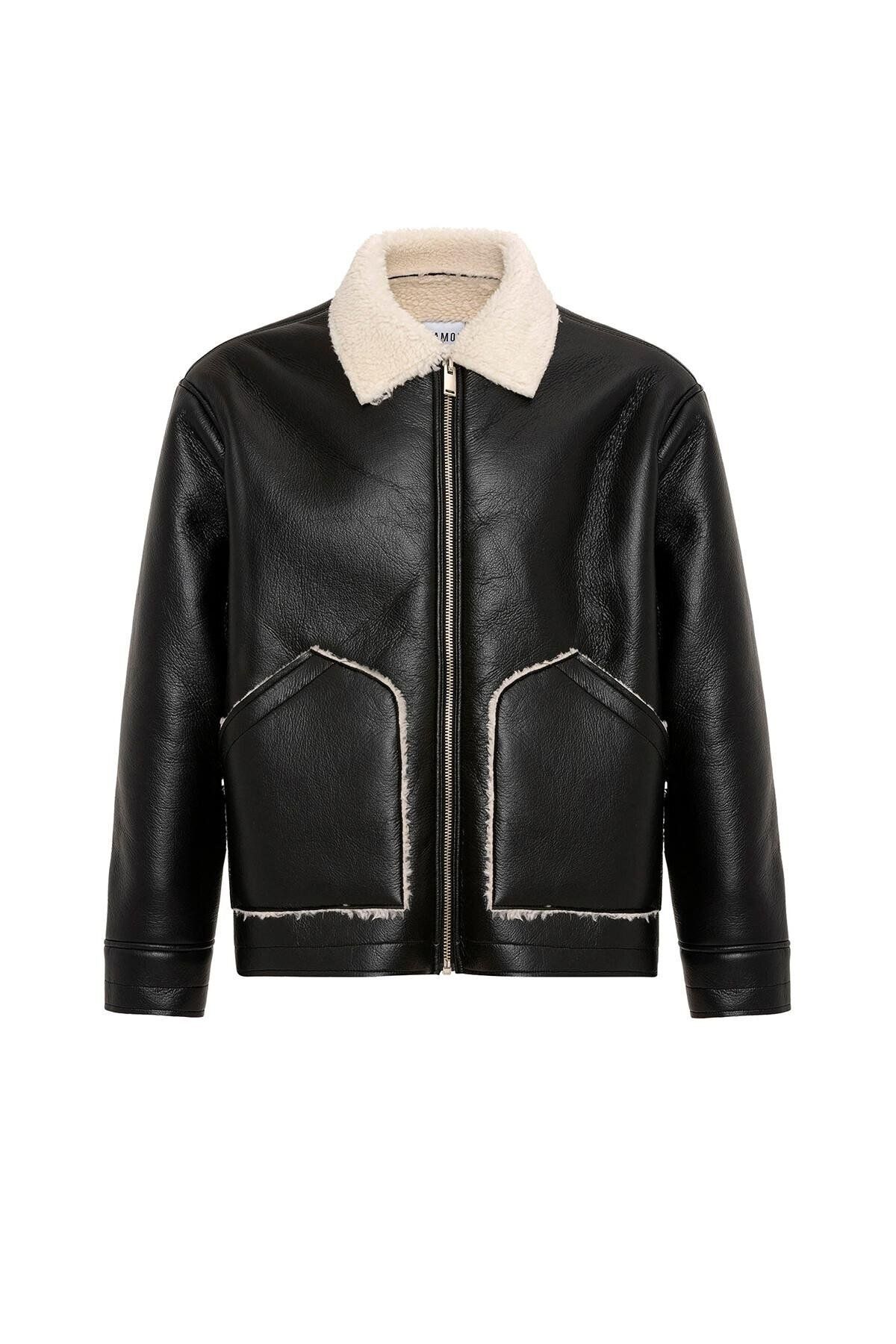 VAMOSCLO-JACHETĂ OVERSIZE CU BLANĂ INTERIOR PIELE UMĂRITĂ NEGRU/EKRU 2