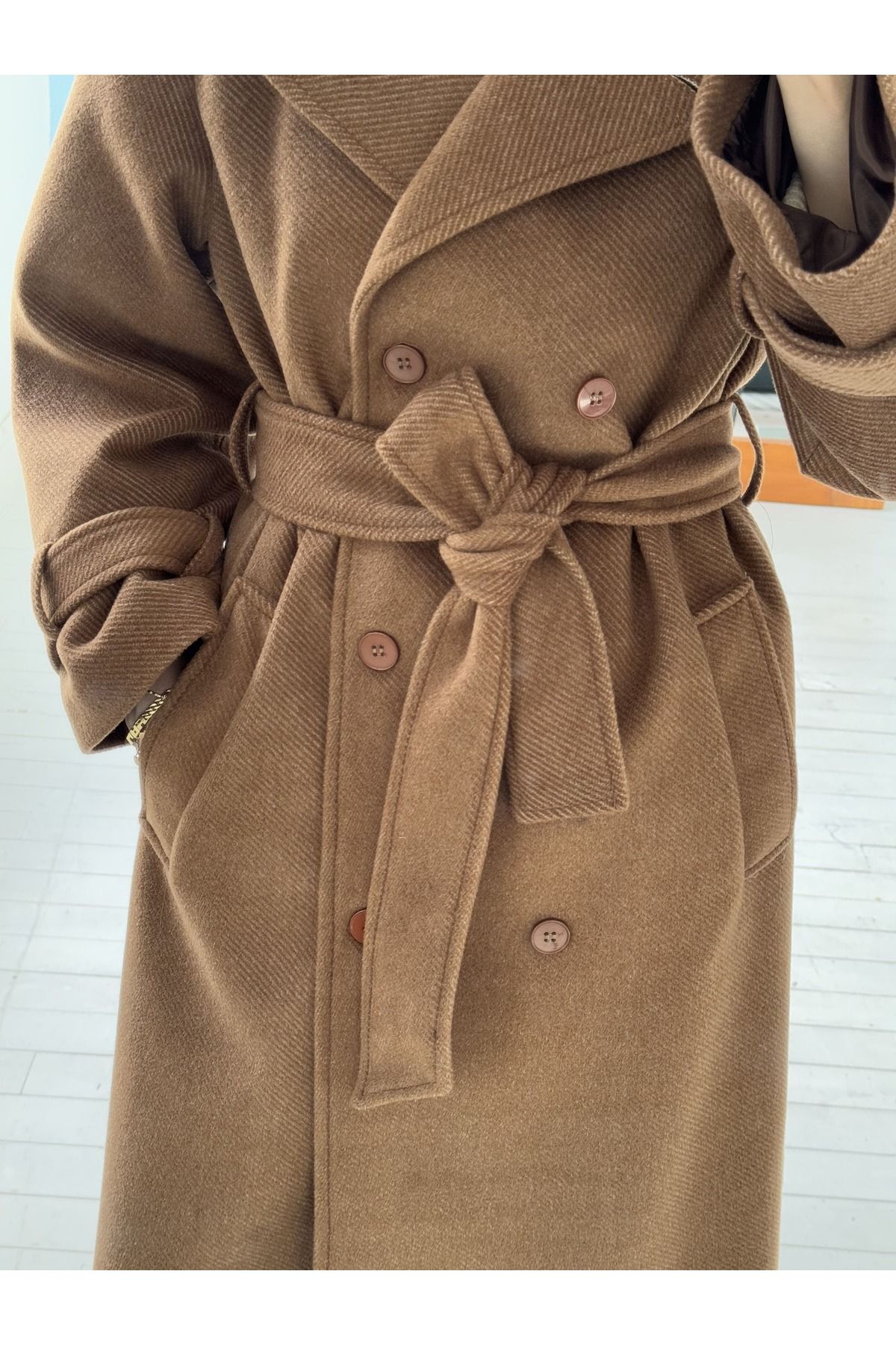 Mevra-Long Brown Textured Cashmere Coat 4