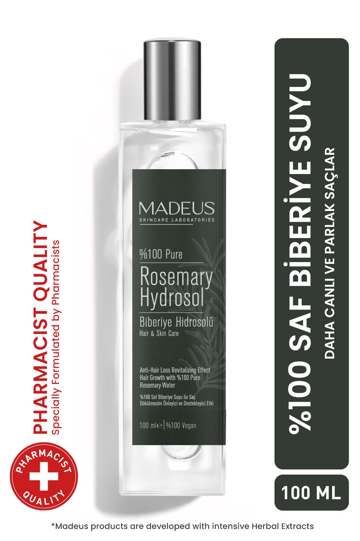 MADEUS Keratin İçerikli %100 Saf Biberiye Suyu Dökülme Karşıtı ve Hızlı Saç Uzama Etkili Saç Toniği 100 ML