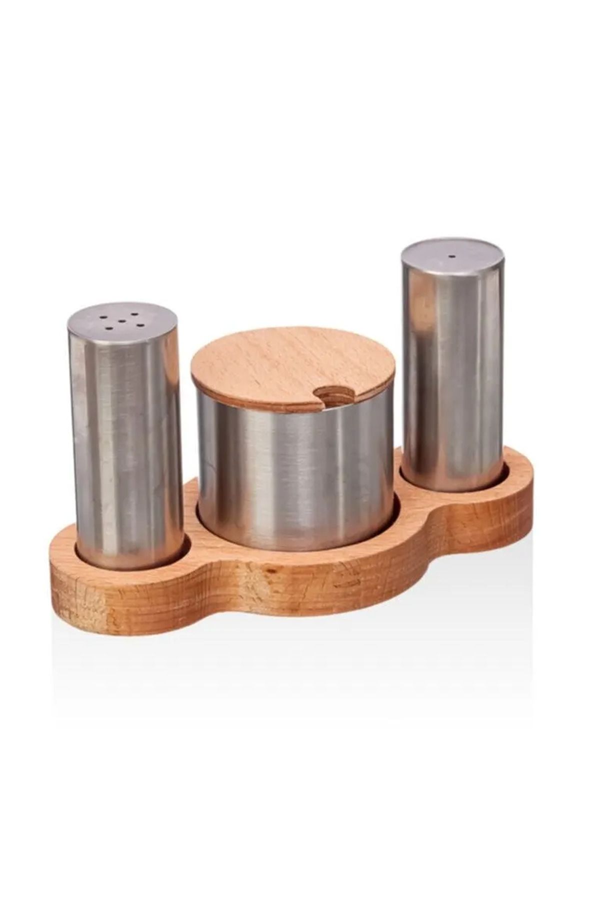 LaGabya-3 Compartment Wooden Base Stainless Steel Spice Rack, Salt Shaker, Pepper Bowl Set I Restaurant Set 1