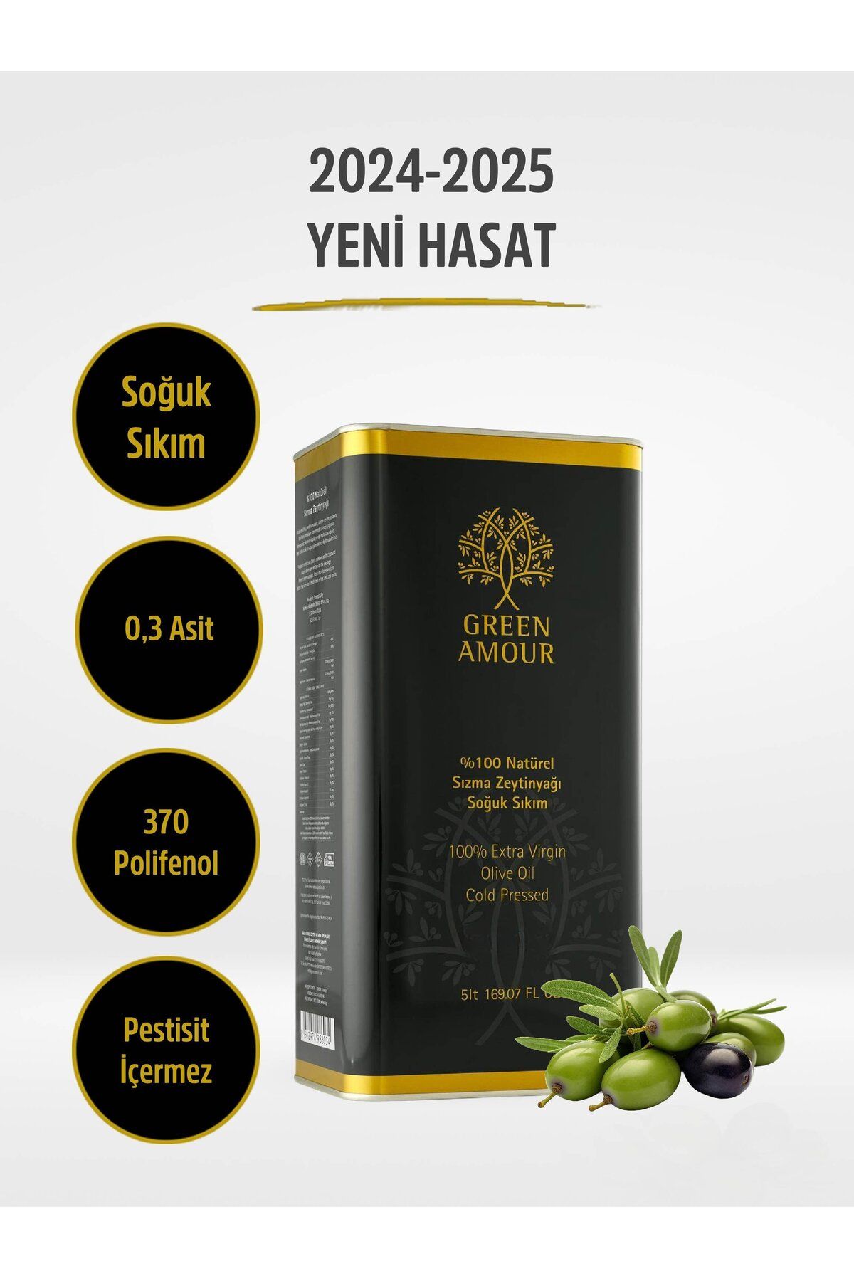 Green Amour Yeni Hasat, Soğuk Sıkım, 0,3 Asit, 370 Polifenol, Pestisit Içermeyen, Naturel Sızma Zeytinyağı