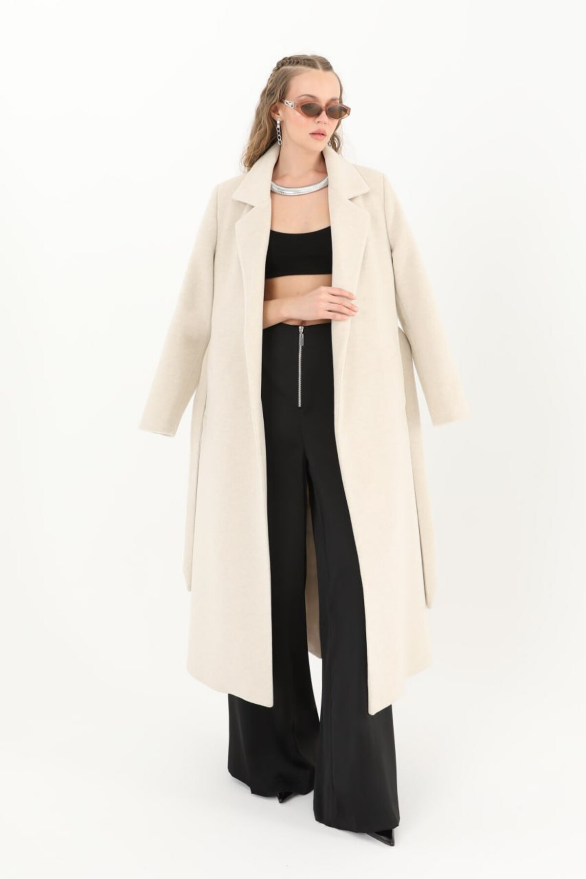 Puane  Kadın Kuşaklı Uzun Boy Astarlı Kaşe DARK BEJ Kaban Bej 15170 - Görsel 4