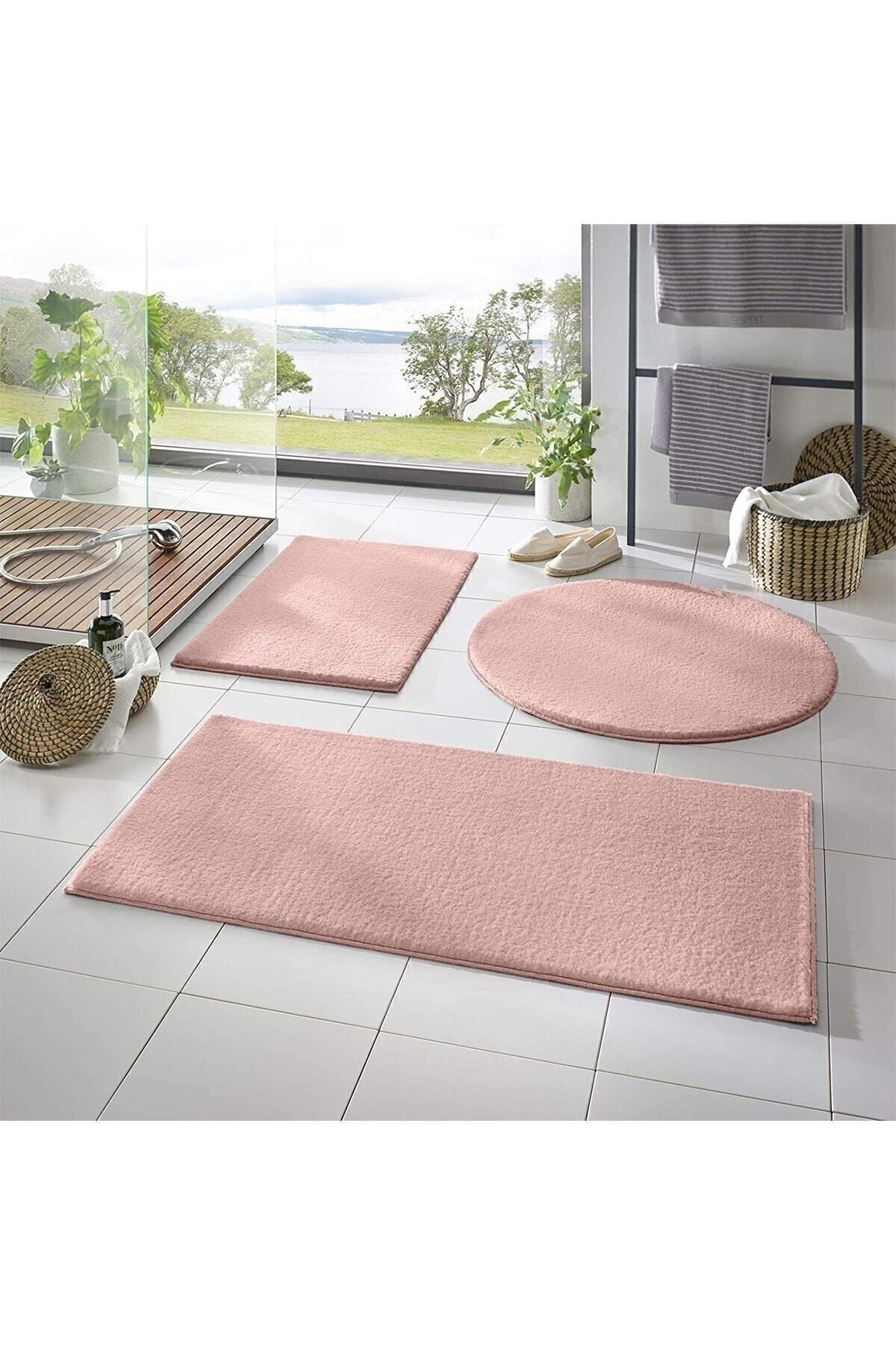 Regnum Halı Banyo Paspası Üçlü Takım Pembe Renk Peluş Kaymaz Taban Yıkanabilir 60x100 - 60x40 - 60x60 Y3bh4