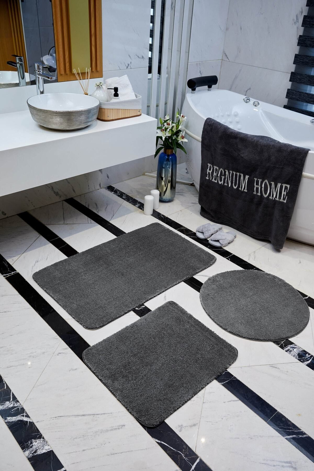 Regnum Halı Banyo Paspası Üçlü Takım Antrasit Renk Peluş Kaymaz Taban Yıkanabilir 60x100 - 60x40 - 60x60