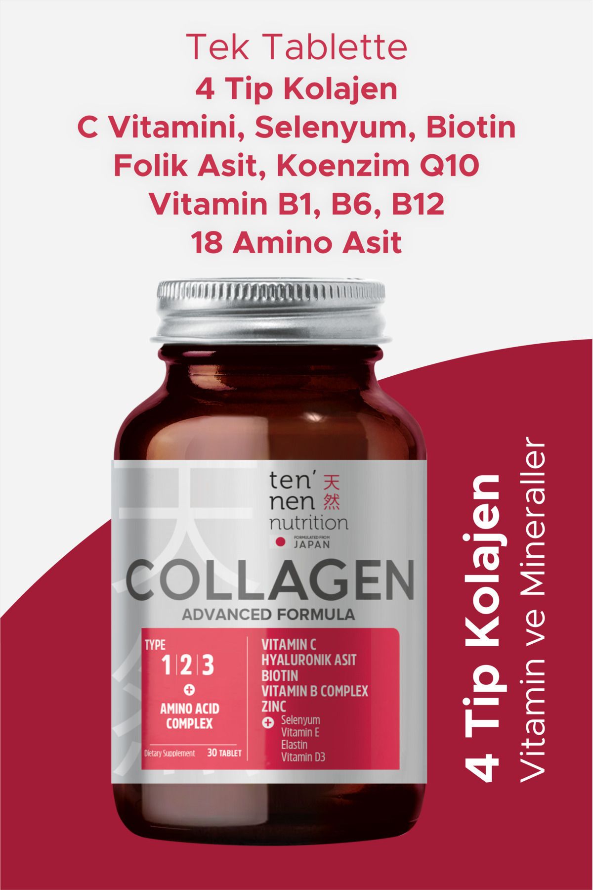 Tennen Nutrition-4 Types of Collagen with Vitamin C and Zinc - Type 1, Type 2, Type 3, Type 5, Coenzyme Q10, Selenium, B12 5