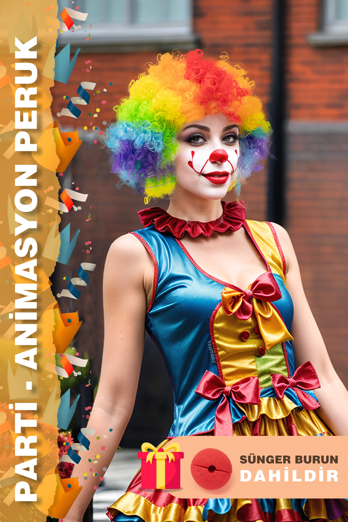 KONAK PERUK Animasyon Parti Ve Palyaço Peruğu – Renkli + Sünger Burun
