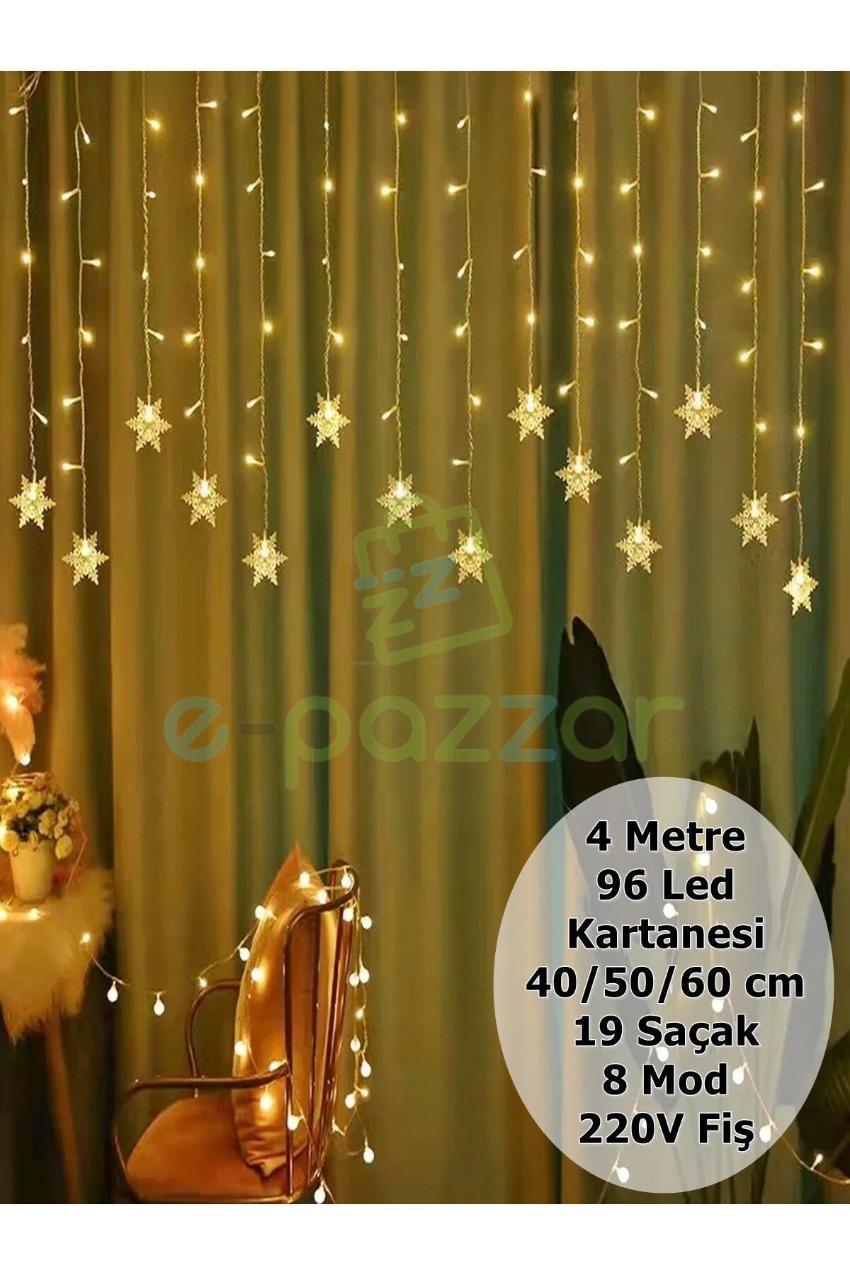 Elioure 4 Metre Kartanesi 40/50/60 Cm 19 Saçaklı Yılbaşı Organizasyon Konsept Süsleme 8 Mod Perde Led Işık