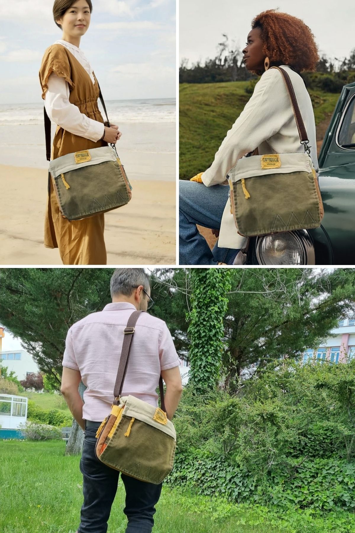 Cappadocia Vintage  4009 Ephesus Salaş Omuz Postacı Bej Krem 15.6 inç Laptop Okul Seyahat Günlük Vintage Pamuk Çanta - Görsel 7