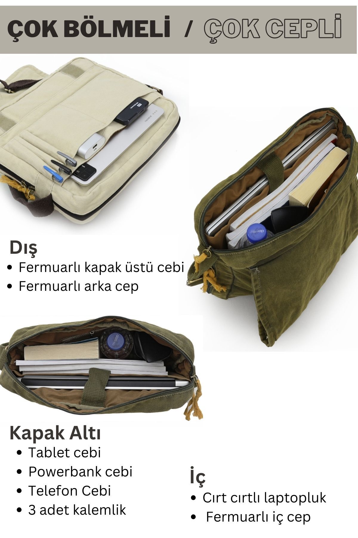 Cappadocia Vintage  4009 Ephesus Salaş Omuz Postacı Bej Krem 15.6 inç Laptop Okul Seyahat Günlük Vintage Pamuk Çanta - Görsel 4