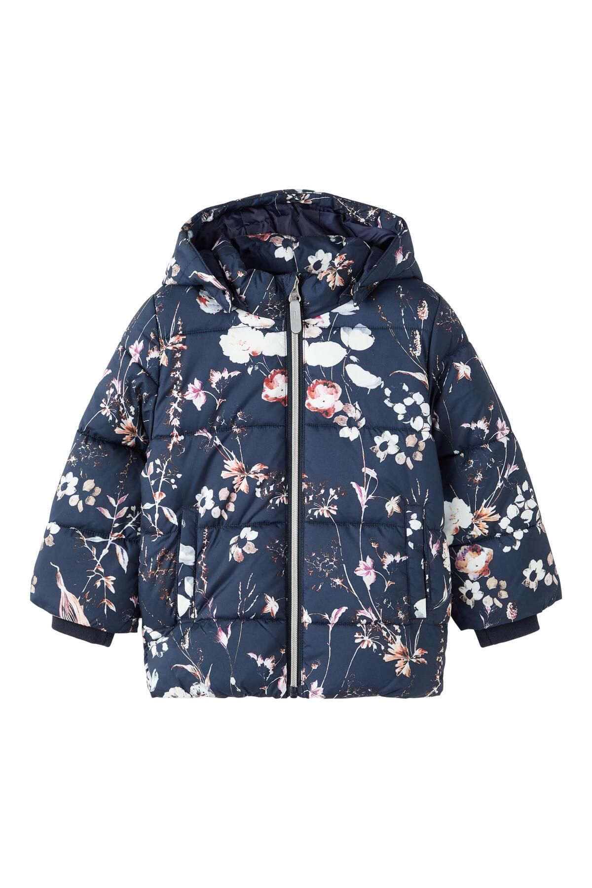 name ıt-Girl's Navy Blue Puffer Jacket - Nmfmay Flower Model 1