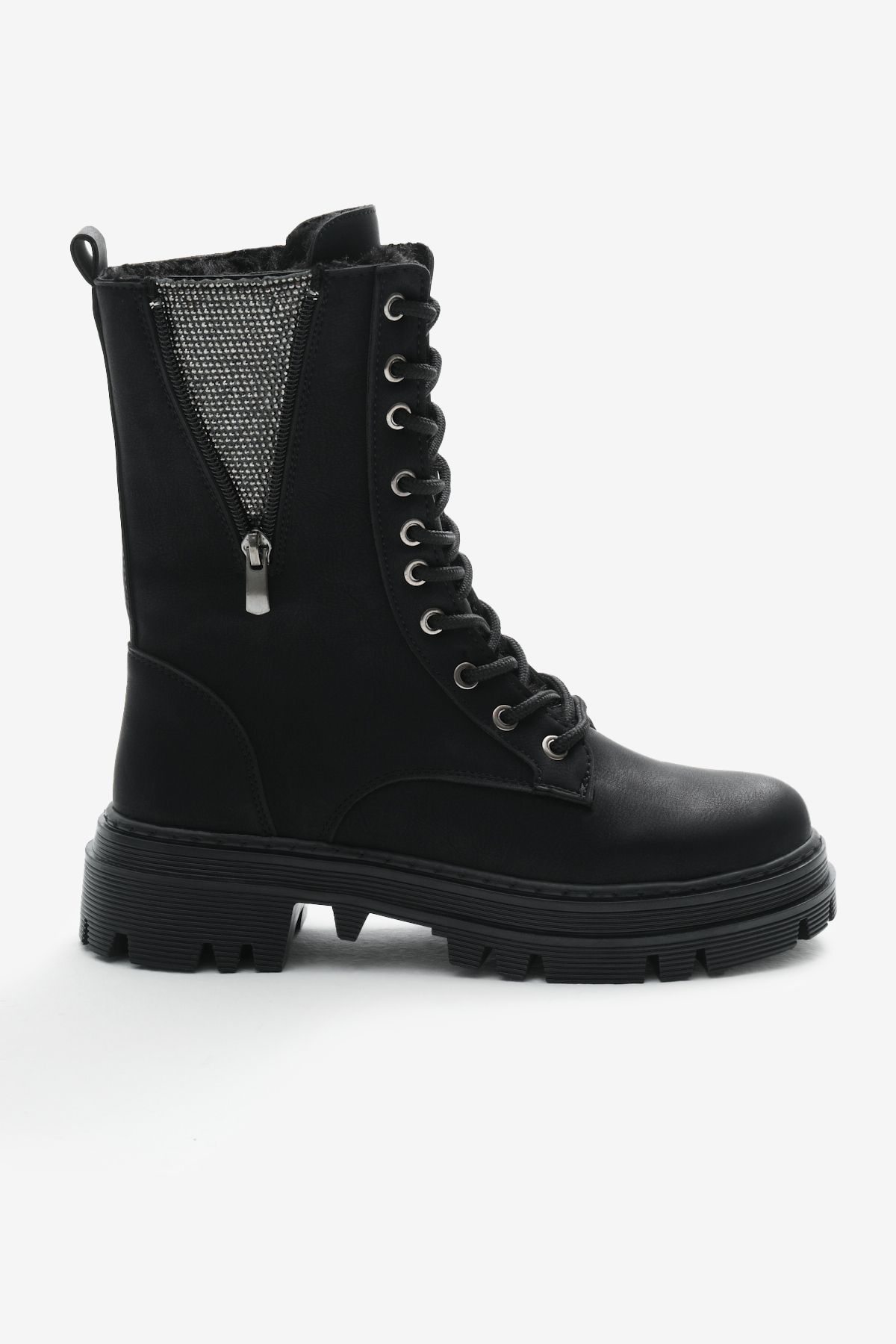 Tonny Black-Women's Black Matte Thermo Sole Side Stone Detailed Lace up and Zippered Boots 2