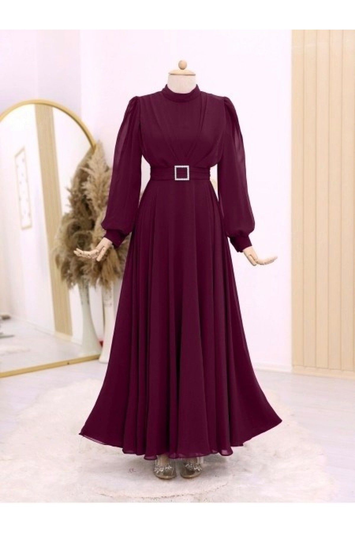 Modamorfo-Rochie Hijab Burgundy - Curea cu strasuri și plisată în față 2