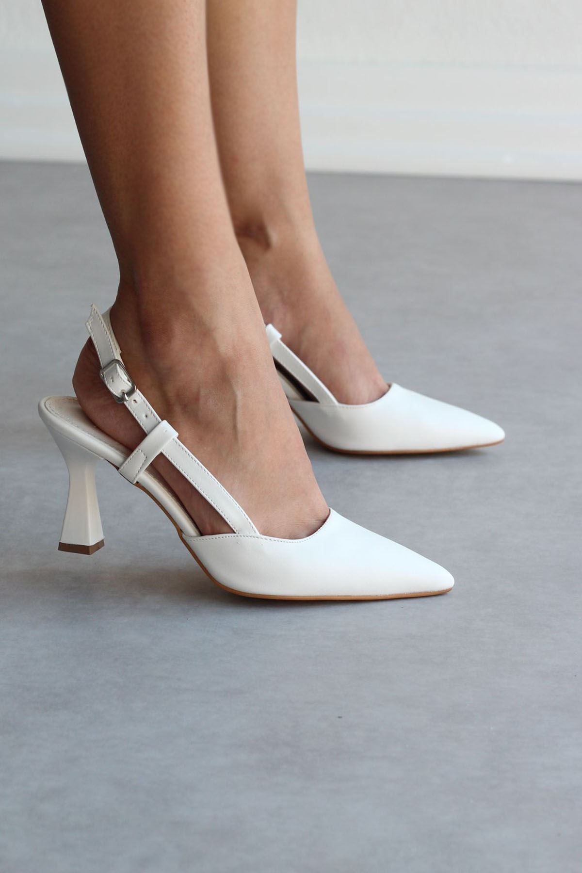 Mida Shoes-Y3060 White Leather Buckle Women's Heeled Shoes 4