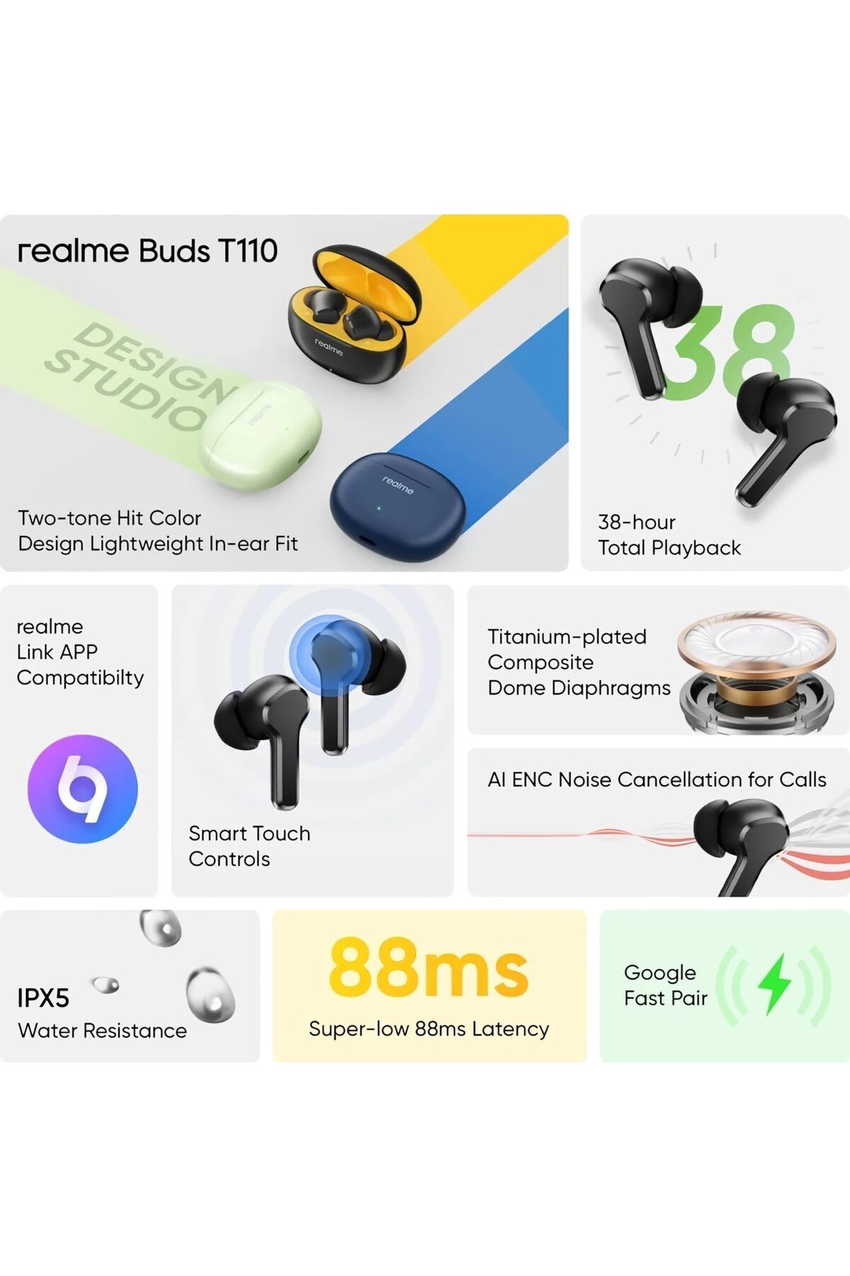 realme-Buds T110 with AI ENC for Calls, Fast Charging Bluetooth Headset (Pop White) 4