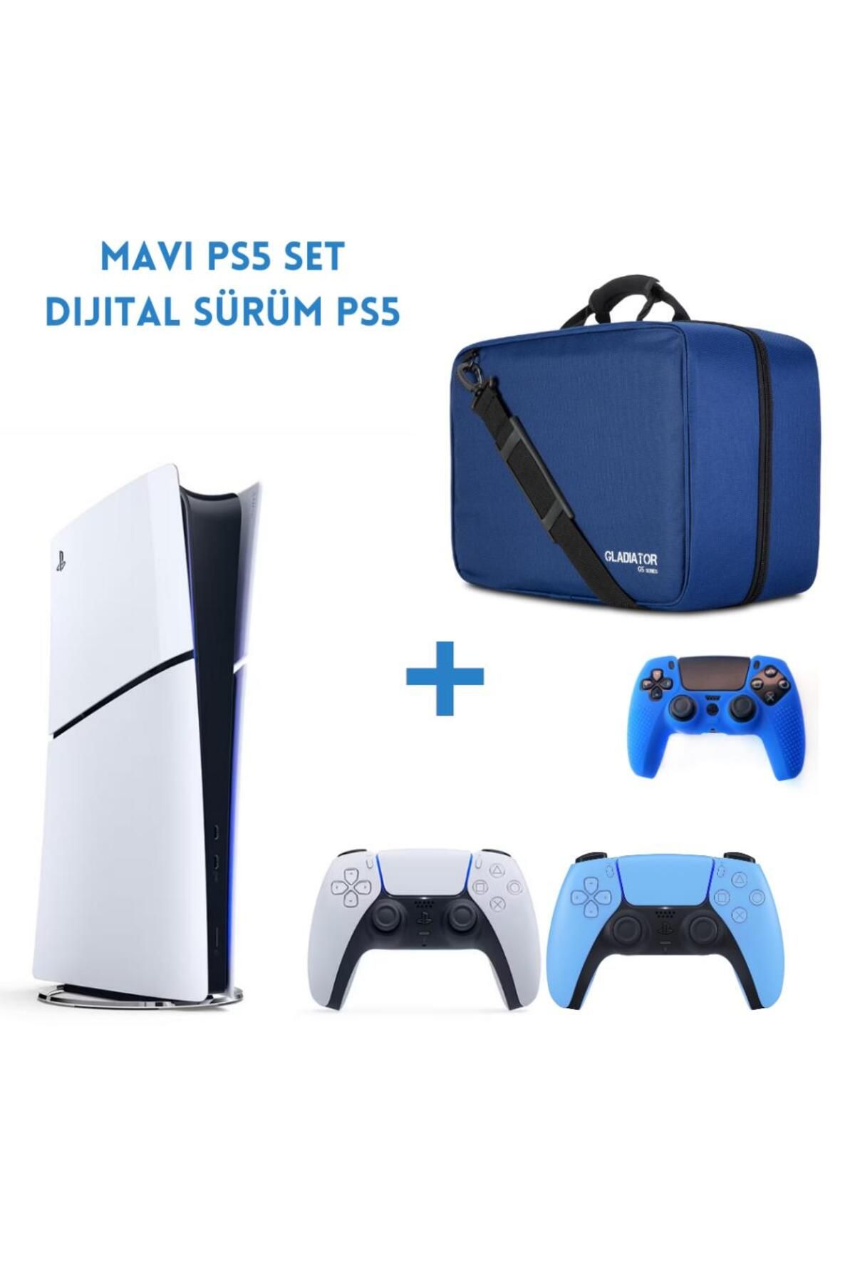 Sony Playstation 5 Dijital Sürüm (Slim) + Mavi Dualsense + Mavi Çanta (Kılıf Hediyeli)