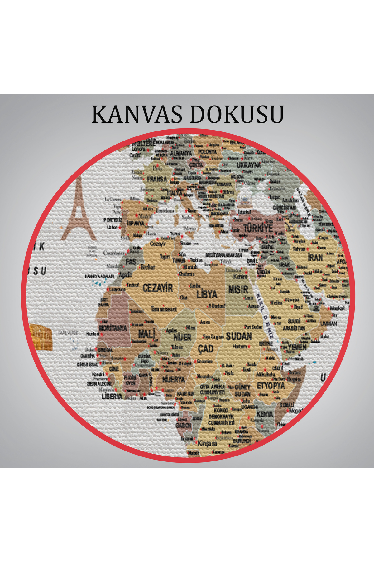Türkçe Dünya Haritası Çok Detaylı Ünlü Yerler Sembollü Kanvas Tablo-1 görsel 6