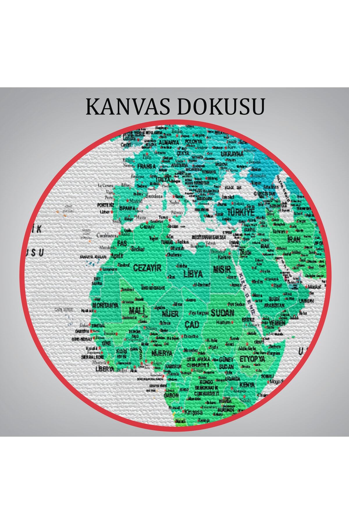 Türkçe Dünya Haritası Dekoratif Kanvas Tablo Son Derece Detaylı-2 görsel 6
