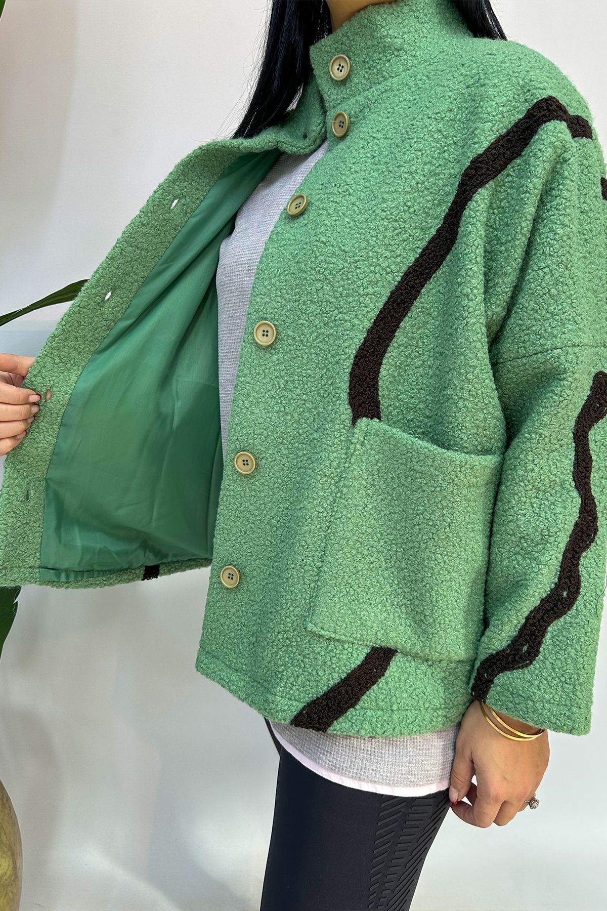 GÖKSEL-Green Plus Size Striped Coat 4