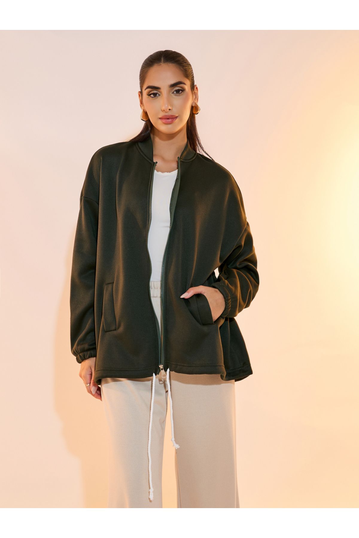 Take Two By Styli-Solid Front Zipper Drawstring Hem Jacket 2