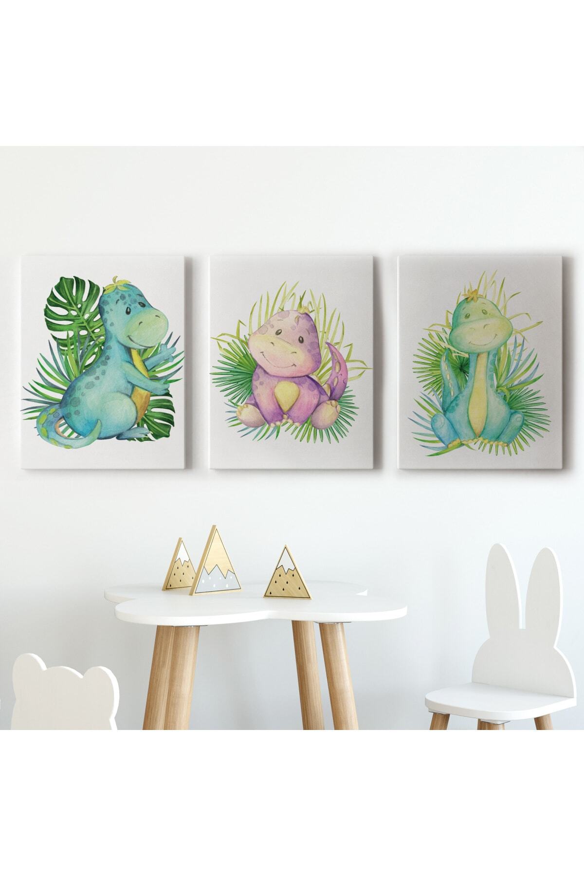 3 lü Tablo Sevimli Dinozor Dekoratif Kanvas Duvar Tablo Seti görsel 2