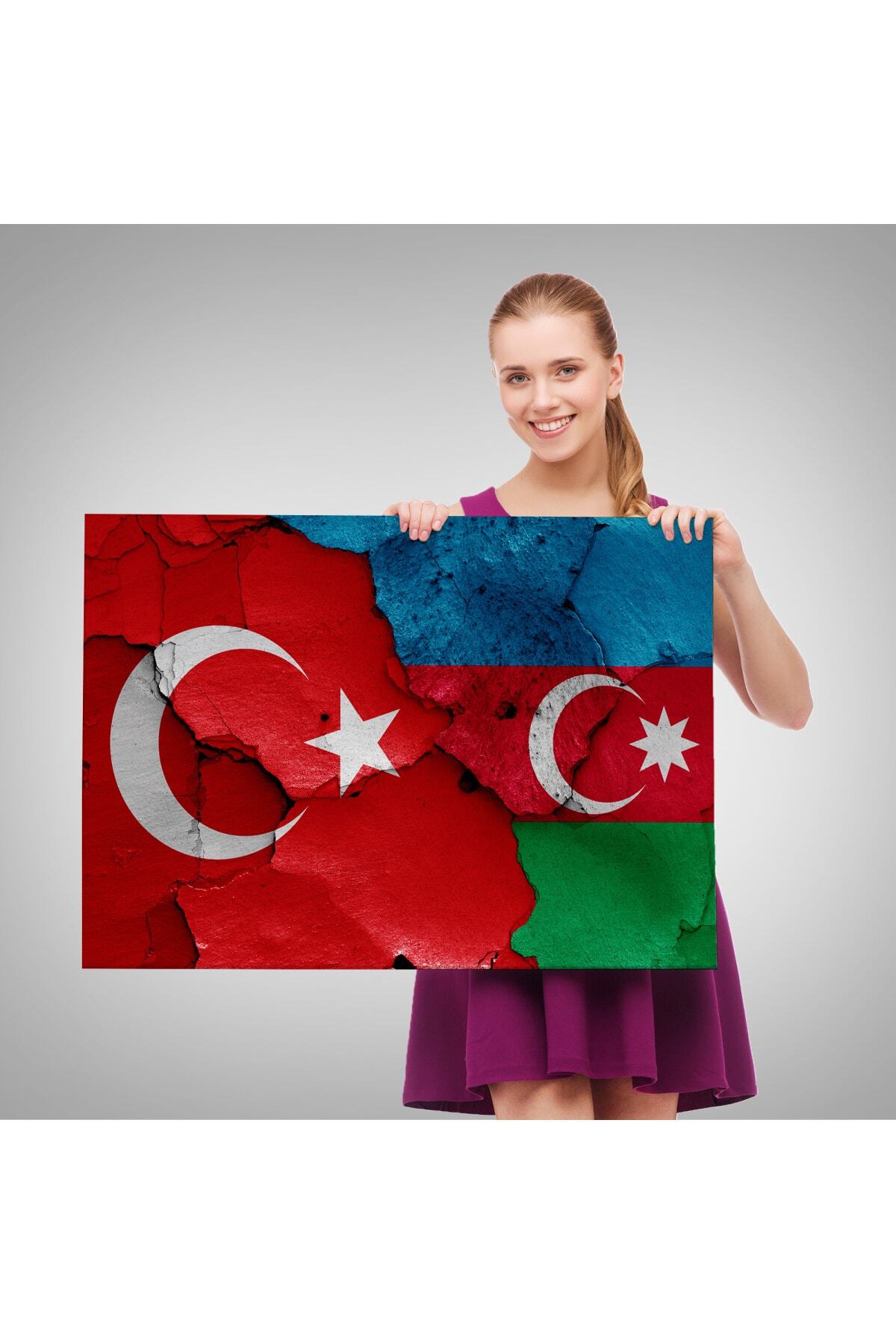 Türkiye Azerbaycan Bayrak Desenli Dekoratif Kanvas Tablo görsel 3