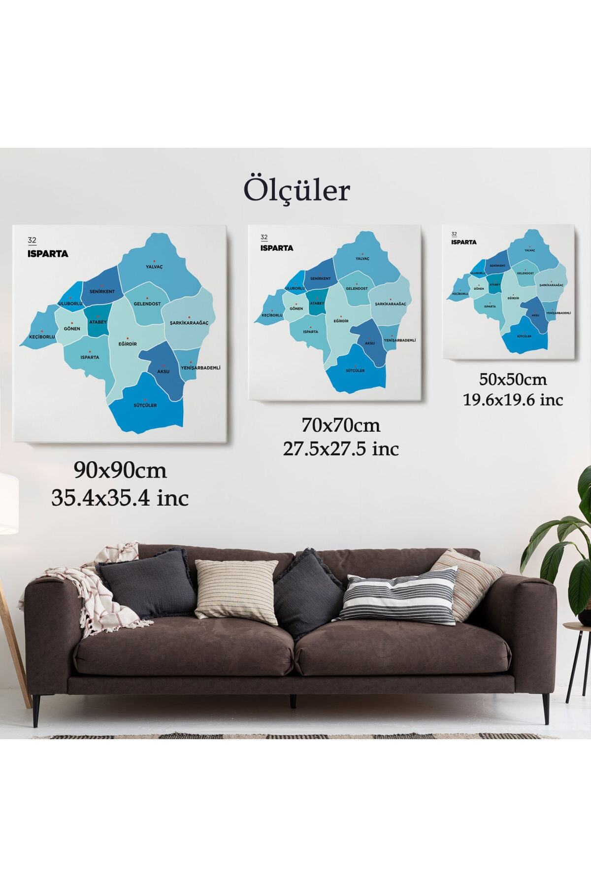Isparta Ili Ve Ilçeler Haritası Dekoratif Kanvas Tablo-2 görsel 5