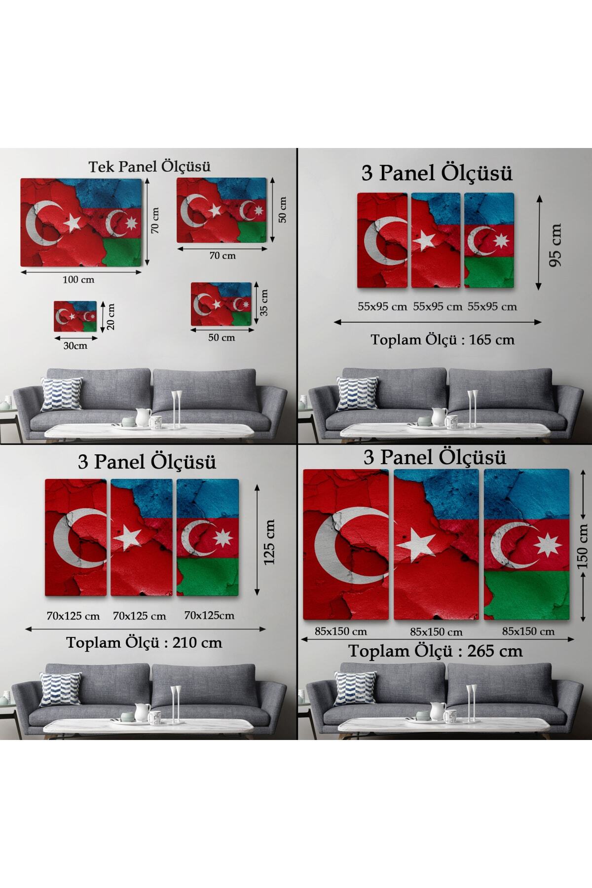 Türkiye Azerbaycan Bayrak Desenli Dekoratif Kanvas Tablo görsel 6