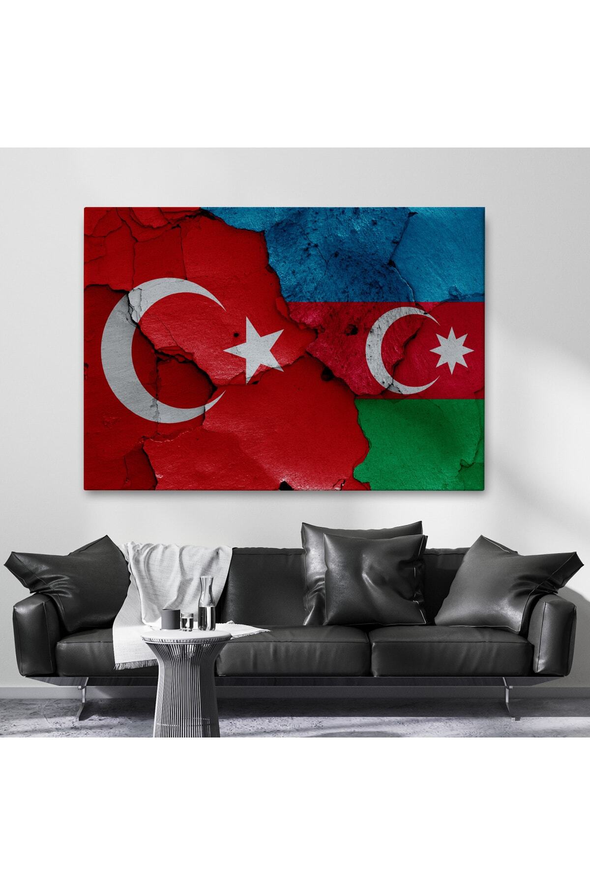 Türkiye Azerbaycan Bayrak Desenli Dekoratif Kanvas Tablo görsel 2