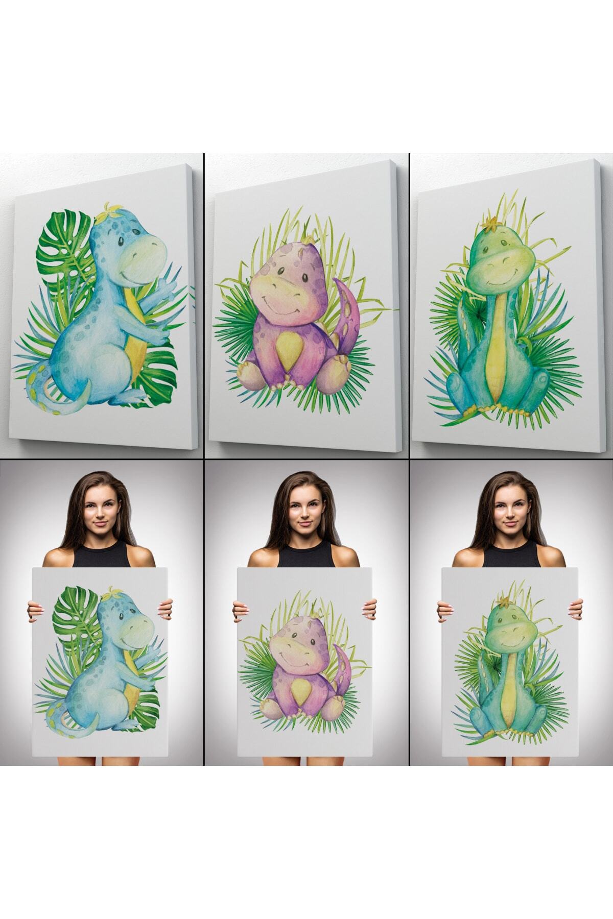 3 lü Tablo Sevimli Dinozor Dekoratif Kanvas Duvar Tablo Seti görsel 3