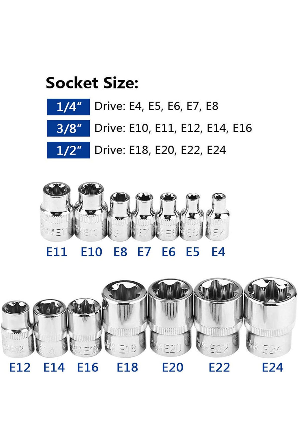 Choice-Torx Socket Set Tamper Proof Torx Star Bit Torq Torque Female E-socket Set E4-E24 1/4" 3/8" 1/2" ... 2