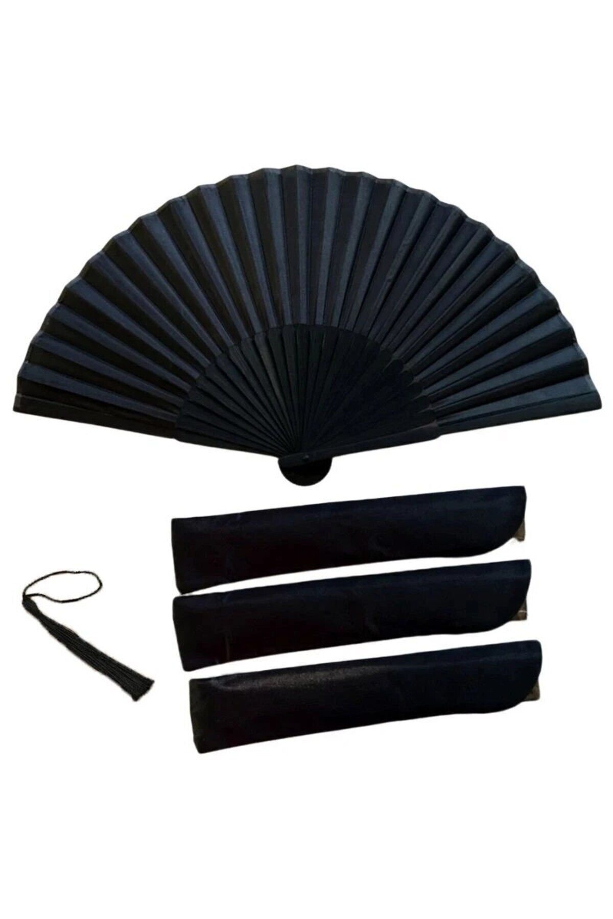 ۱ عدد بادبزن و ۱ عدد کیسه، بادبزن دستی تاشوی مشکی وینتیج به سبک چینی، هدیه جشن عروسی و مهمانی رقص