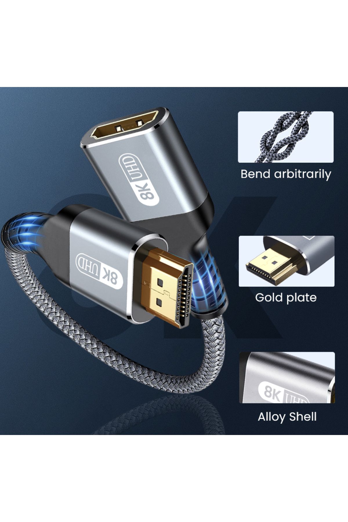 Choice-0.3m Hdmi 2.1 Extension Cable, 8k@60hz, 4k@240hz, Braided Male To Female Cord, For Roku Tv, Ps5, Hdt 3