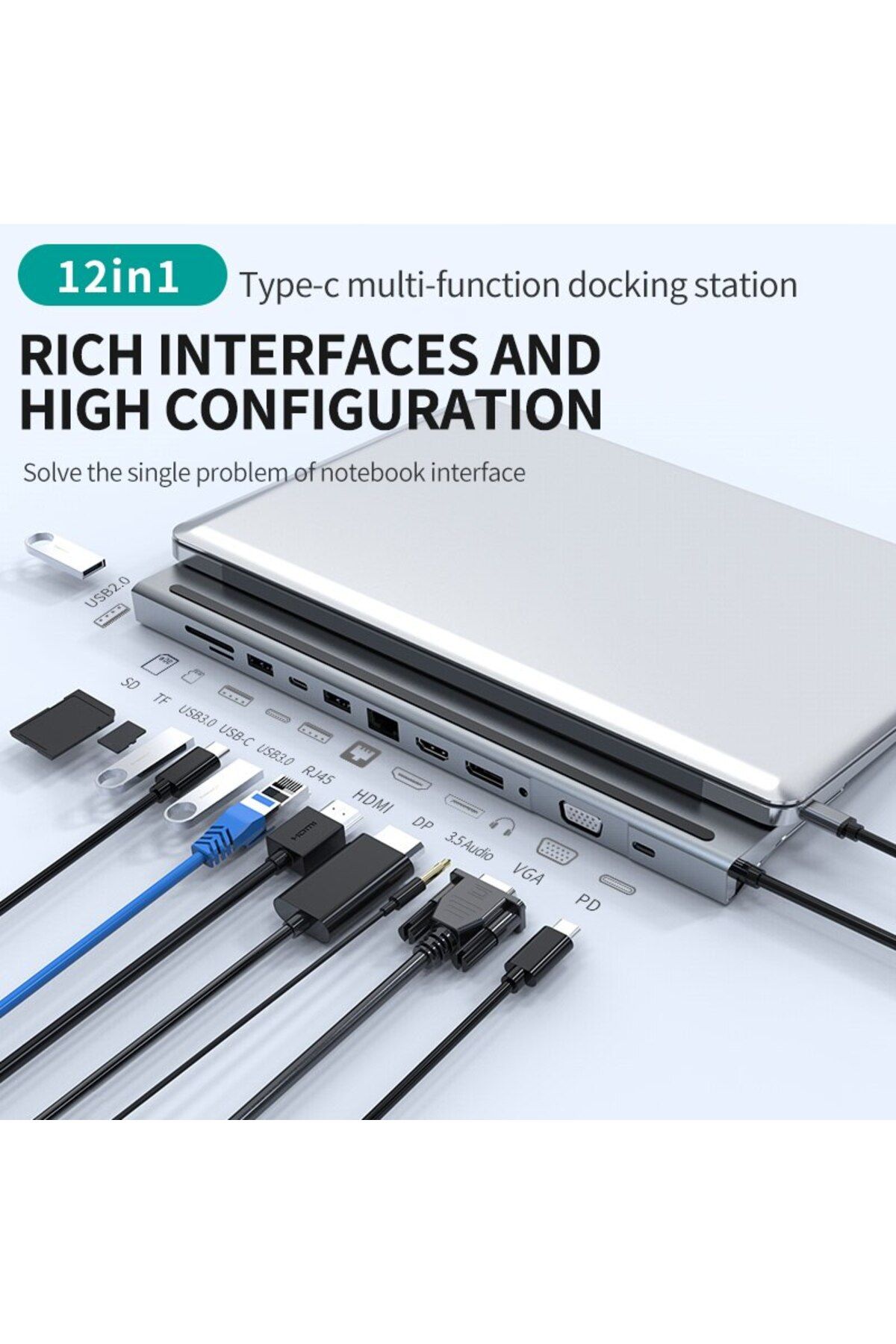 Choice-محطة إرساء USB-C 12 في 1 باللون الرمادي مع 4K HDMI وDP وVGA وUSB3.0 وقارئ SD/TF وPD 100 وات وصوت 3.5 مم وR 1