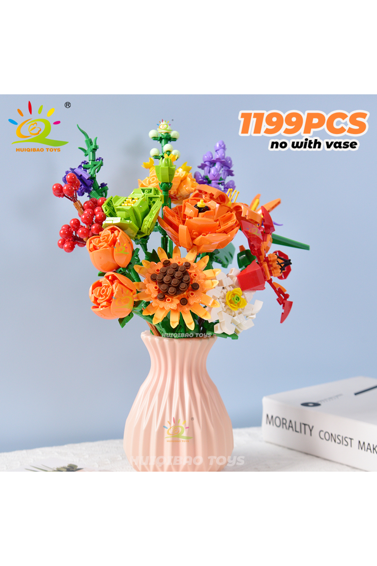 B2 بدون گلدان، بدون جعبه، HUIQIBAO کیت بلوک‌های ساختمانی دست‌ساز دسته‌گل، گل‌های ماندگار، آجرهای رمانتیک